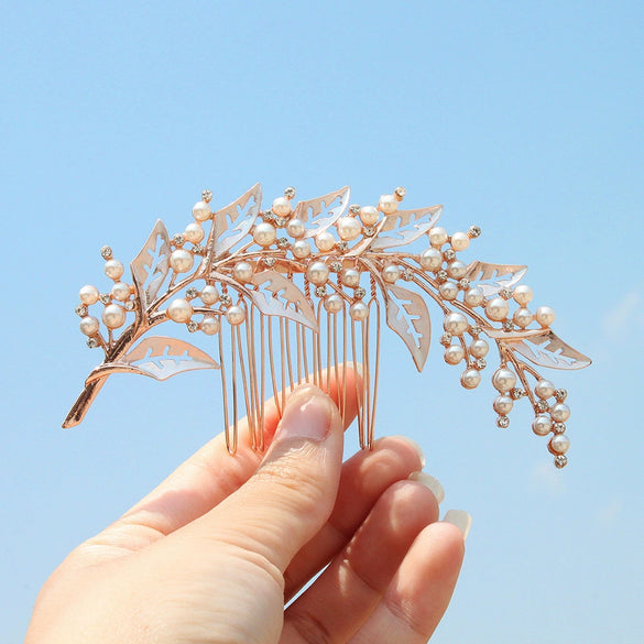 Alloy Leaf Pearl Rhinestone Diamond Hair Comb For Bride Wedding Headwear Retro Style