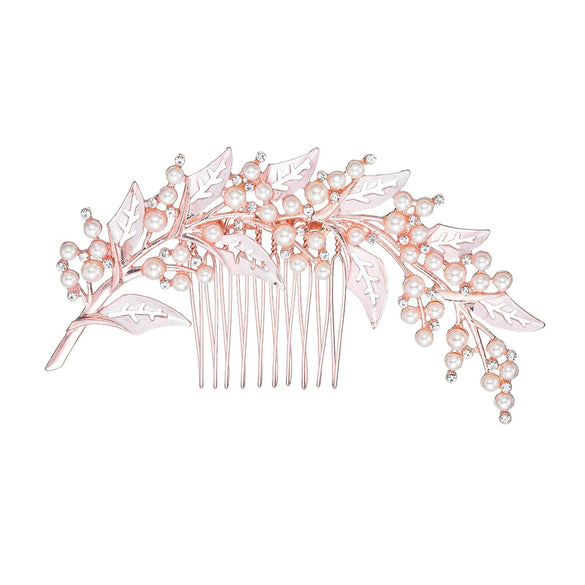 Alloy Leaf Pearl Rhinestone Diamond Hair Comb For Bride Wedding Headwear Retro Style