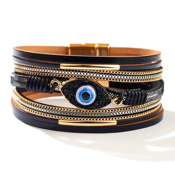 Alloy Leather Bracelet With Devil's Eye Diamondstudded And Animals Zodiac Pattern