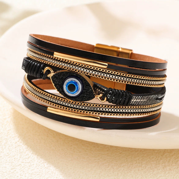 Alloy Leather Bracelet With Devil's Eye Diamondstudded And Animals Zodiac Pattern