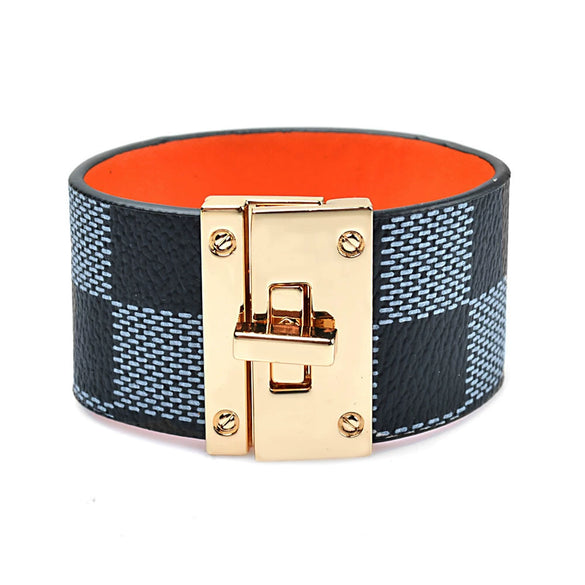 Alloy Leather Wide Bracelet With Geometric Pattern For Women Electroplated Punk Style Jewelry