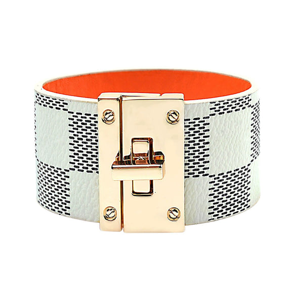 Alloy Leather Wide Bracelet With Geometric Pattern For Women Electroplated Punk Style Jewelry