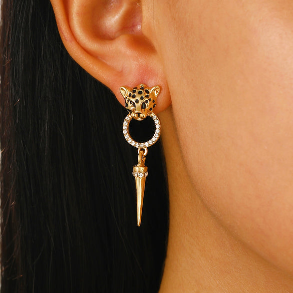 Alloy Leopard Head Cone Pendant Earrings With Diamond For Women