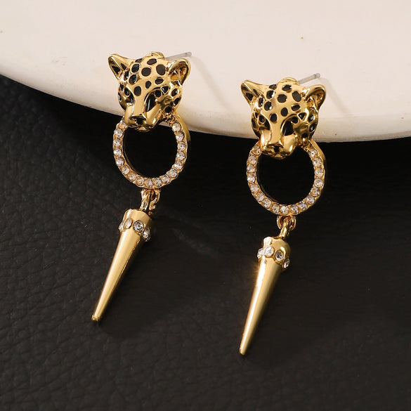 Alloy Leopard Head Cone Pendant Earrings With Diamond For Women