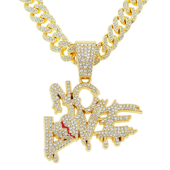 Alloy Letter Broken Heart Diamond Stitching Pendant Necklace For Men Cuban Chain Style