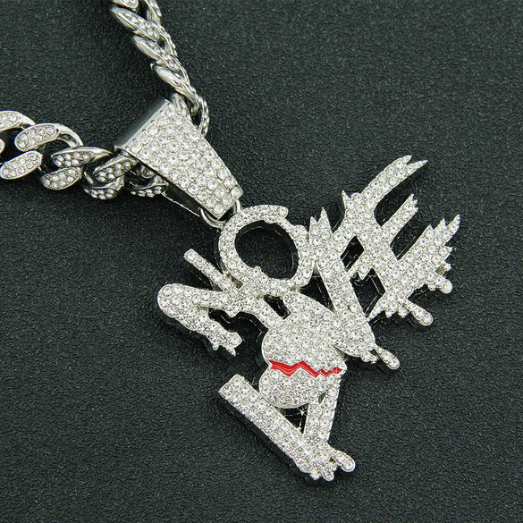 Alloy Letter Broken Heart Diamond Stitching Pendant Necklace For Men Cuban Chain Style