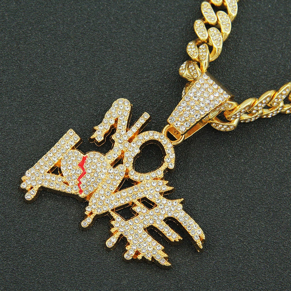Alloy Letter Broken Heart Diamond Stitching Pendant Necklace For Men Cuban Chain Style