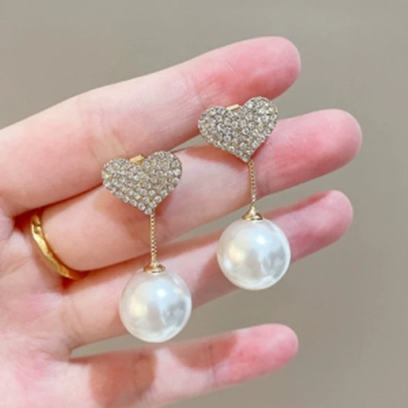 Alloy Light Luxury Heart Shape Electroplated Pearlencrusted Diamond Women's Earrings