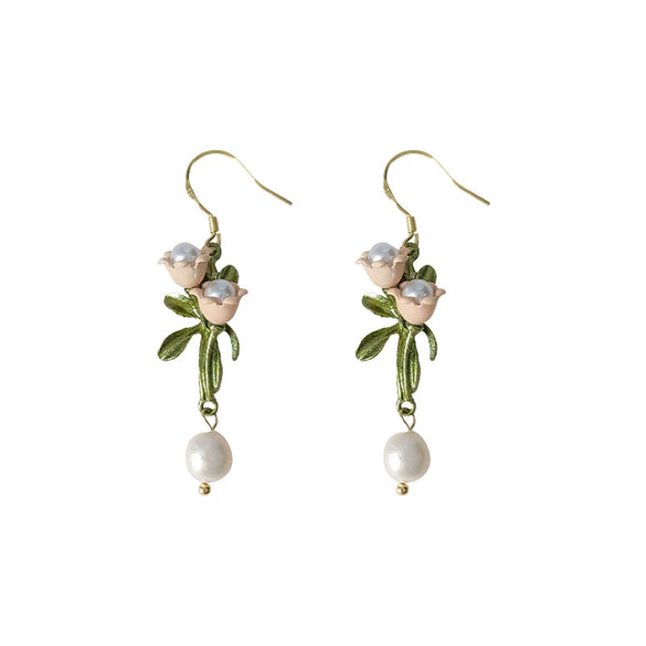 Alloy Lily Of The Valley Flower Leaf Earrings Set With Pearls For Women