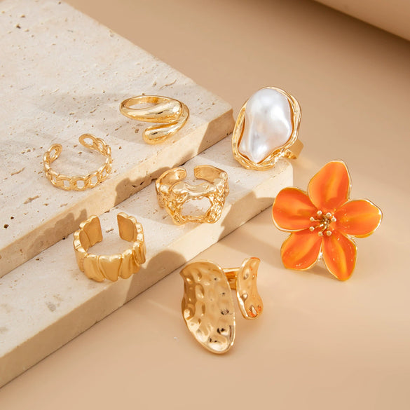 Alloy Liquid Lava Flower Open Ring Geometric Style Electroplating For Women