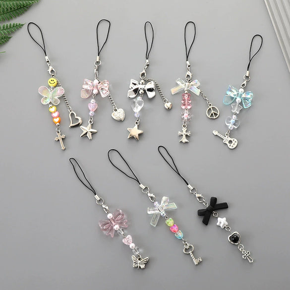 Alloy Love Bowknot And Pentagram Pattern Handmade Mobile Phone Case Keychain Hanging Chain And Ornaments