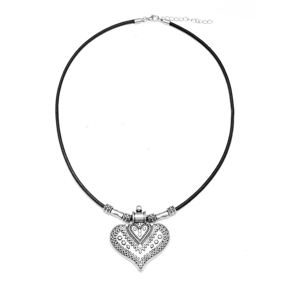 Alloy Love Drop Diamond Pendant Cowhide Rope Choker Heartshaped Necklace Retro Style Carved Electroplating Geometric