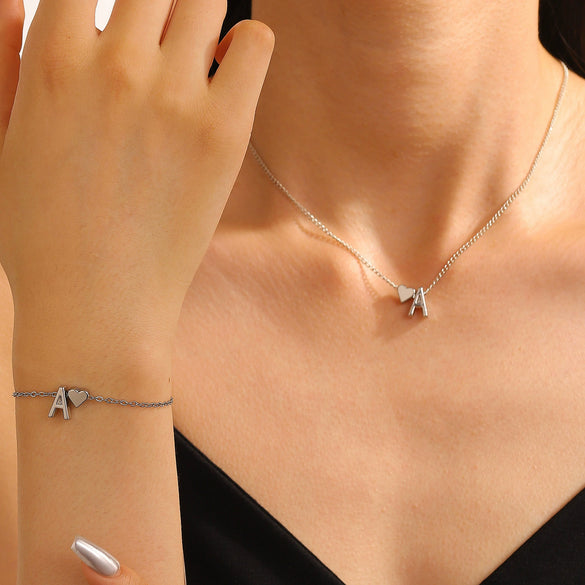 Alloy Love Drops Bells Letters Peach Heart Pendant Necklace Bracelet 2 Piece Set Electroplated Jewelry