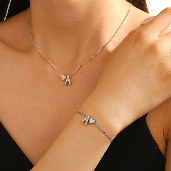 Alloy Love Drops Bells Letters Peach Heart Pendant Necklace Bracelet 2 Piece Set Electroplated Jewelry