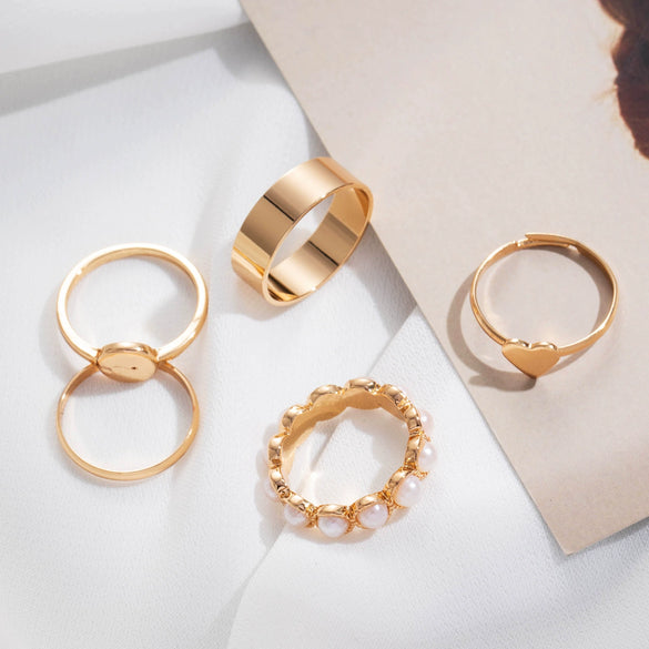 Alloy Love Heart Pearl Joint Ring Set For Women With Electroplating