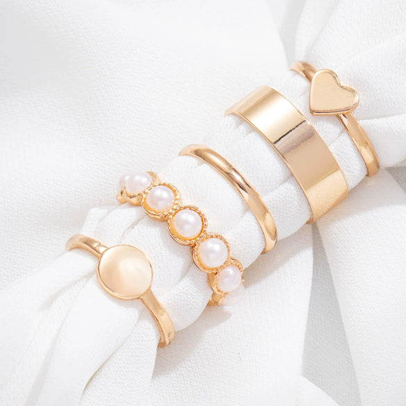 Alloy Love Heart Pearl Joint Ring Set For Women With Electroplating