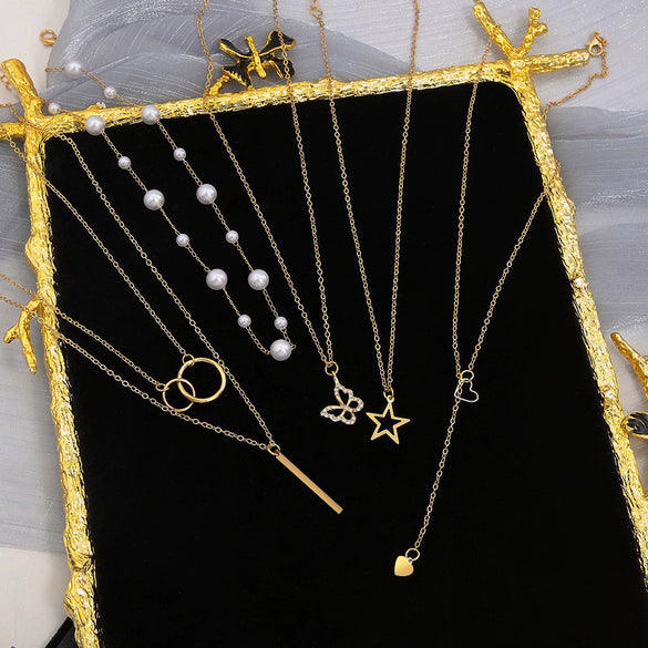 Alloy Love Pearl Necklace Set With Fivepointed Star Circle Butterfly Heart Geometric Animal Zodiac Patterns Electroplated For Women