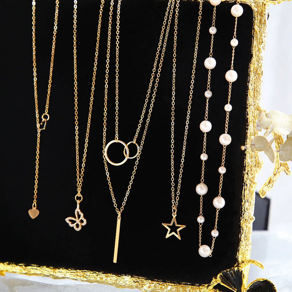 Alloy Love Pearl Necklace Set With Fivepointed Star Circle Butterfly Heart Geometric Animal Zodiac Patterns Electroplated For Women