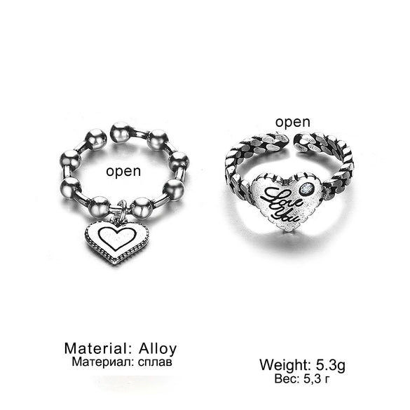 Alloy Love Pendant Ring Set Creative Retro Cartoon Heart Sculpture Unisex