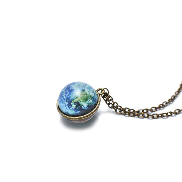 Alloy Luminous Halloween Pendant Necklace With Cosmic Starry Sky Dream Earth Moon Design And Water Wave Chain Literary And Geometric Style