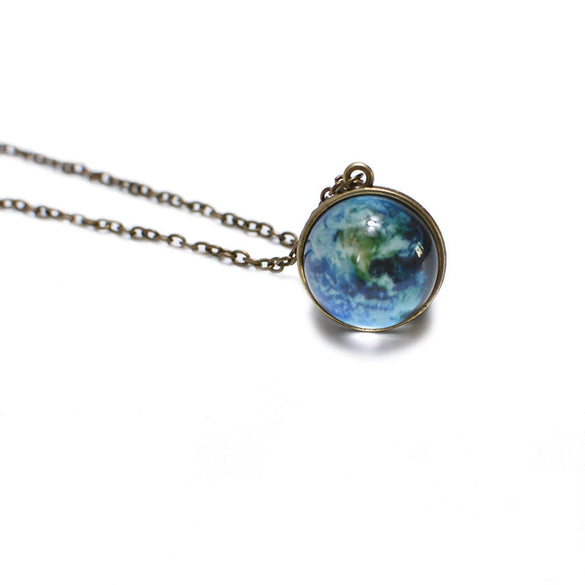 Alloy Luminous Halloween Pendant Necklace With Cosmic Starry Sky Dream Earth Moon Design And Water Wave Chain Literary And Geometric Style