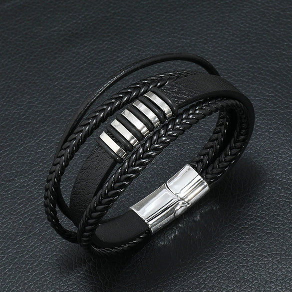 Alloy Magnet Buckle Leather Rope Handmade Geometric Vintage Bracelet For Men