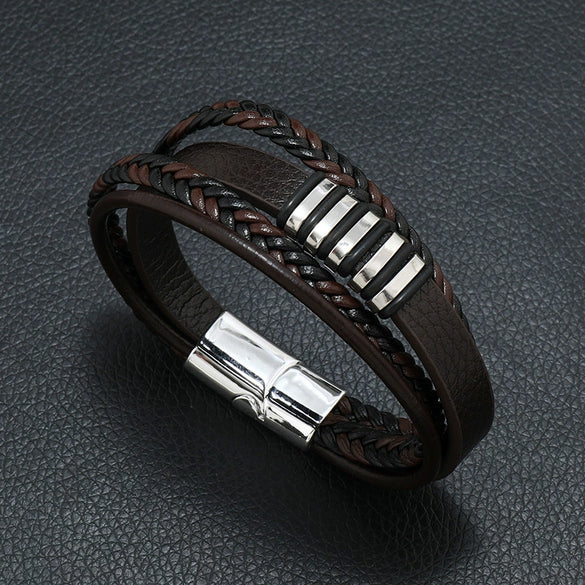 Alloy Magnet Buckle Leather Rope Handmade Geometric Vintage Bracelet For Men