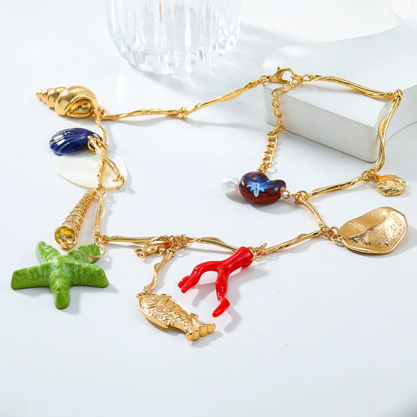 Alloy Marine Life Shell Conch Star Geometric Pendant Women's Snake Bone Chain Necklace