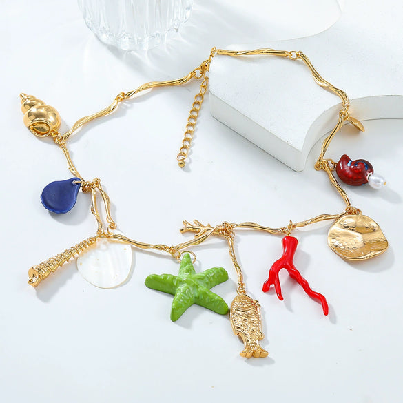 Alloy Marine Life Shell Conch Star Geometric Pendant Women's Snake Bone Chain Necklace