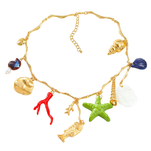 Alloy Marine Life Shell Conch Star Geometric Pendant Women's Snake Bone Chain Necklace