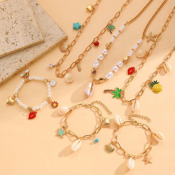 Alloy Marine Life Starfish Shell Pendant Necklace And Bracelet Set With Electroplating For Women