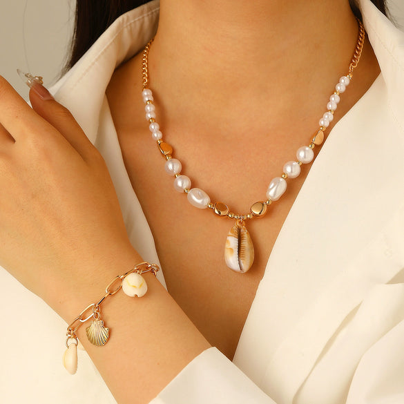 Alloy Marine Life Starfish Shell Pendant Necklace And Bracelet Set With Electroplating For Women