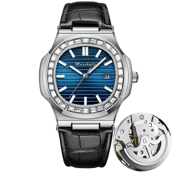 Alloy Mechanical Men's Square Watch With Diamondencrusted Nautilus Waterproof Luminous Calendar Mineral Reinforced Glass Mirror Stainless Steel Buckle Business Style