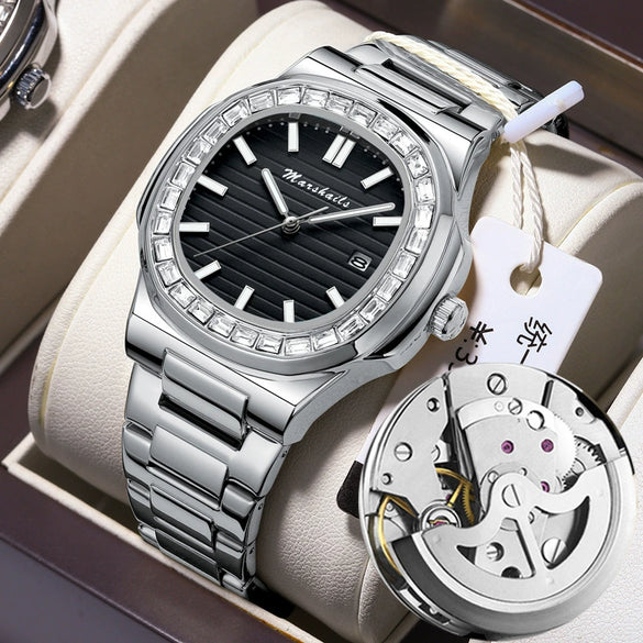 Alloy Mechanical Men's Square Watch With Diamondencrusted Nautilus Waterproof Luminous Calendar Mineral Reinforced Glass Mirror Stainless Steel Buckle Business Style
