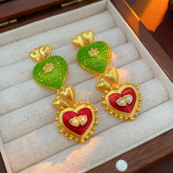Alloy Medieval Vintage Women's Jewelry Set With Dripping Oil Heart Flower Pattern Bracelet And Earrings