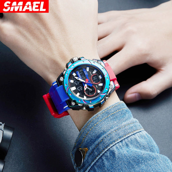 Alloy Men's Electronic Sports Watch Colorful Gradient Round Dial Stainless Steel Clasp Plexiglass Mirror Luminous Waterproof