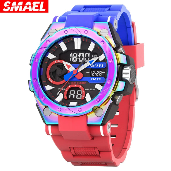 Alloy Men's Electronic Sports Watch Colorful Gradient Round Dial Stainless Steel Clasp Plexiglass Mirror Luminous Waterproof