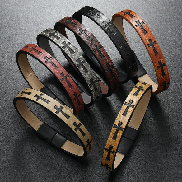 Alloy Men's Printed Cross Bracelet With Magnet Buckle And Stamping Process