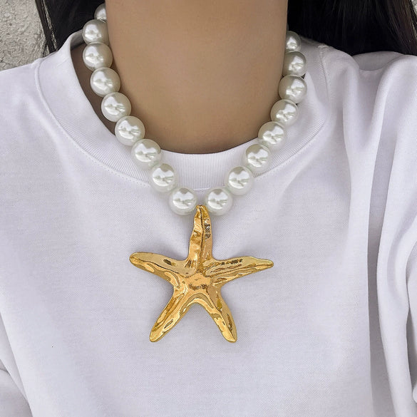 Alloy Mermaid Conch Pendant Necklace With Pearl Chain Exaggerated Ocean Style For Women