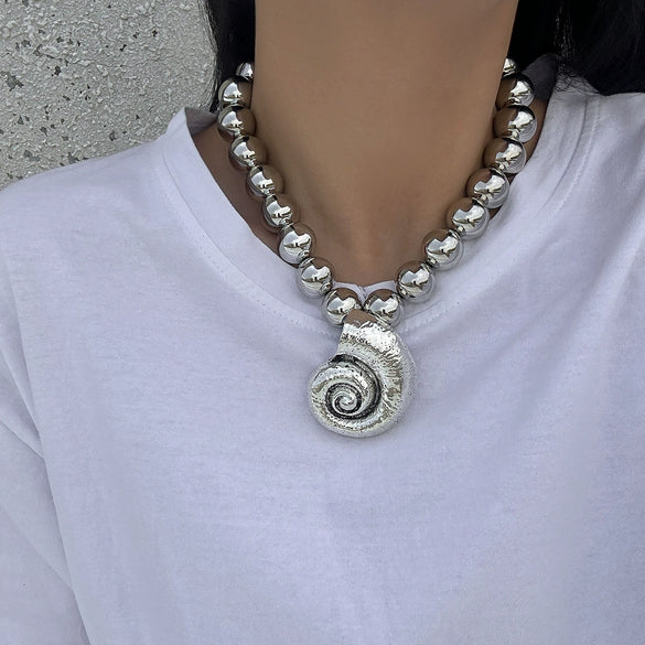 Alloy Mermaid Conch Pendant Necklace With Pearl Chain Exaggerated Ocean Style For Women