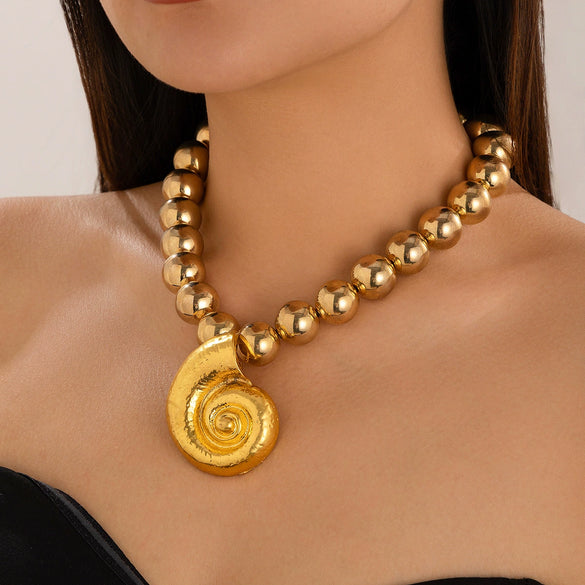 Alloy Mermaid Conch Pendant Necklace With Pearl Chain Exaggerated Ocean Style For Women