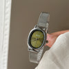 Alloy Mesh Strap Oval Dial Female Student Fashion Light Luxury Watch With Spiral Crown And Single Folding Buckle