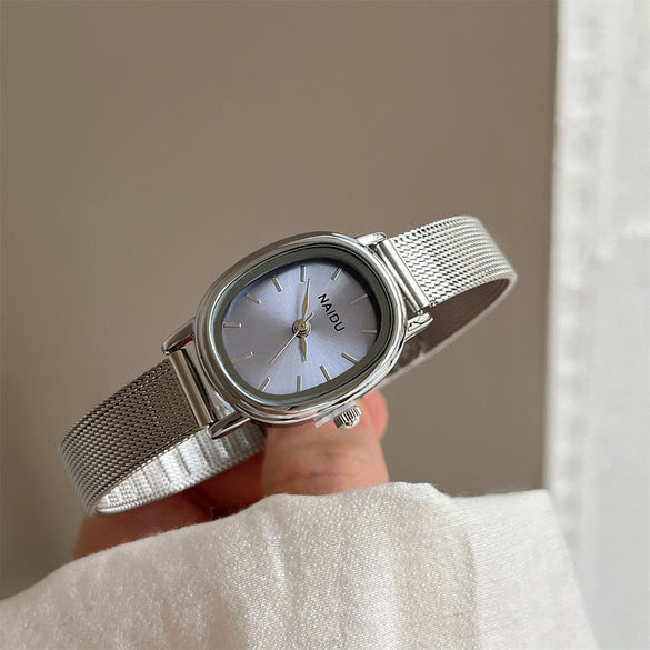 Alloy Mesh Strap Oval Dial Female Student Fashion Light Luxury Watch With Spiral Crown And Single Folding Buckle