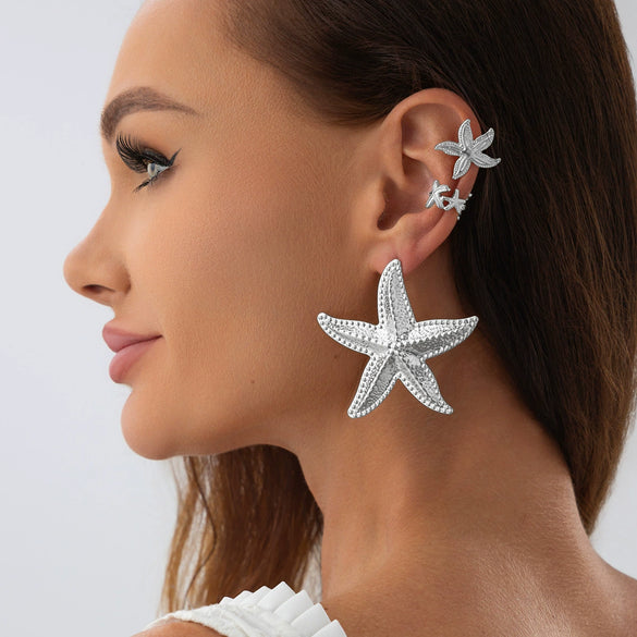 Alloy Metal Flower And Star Shape Ear Clip Set With Electroplating Technique