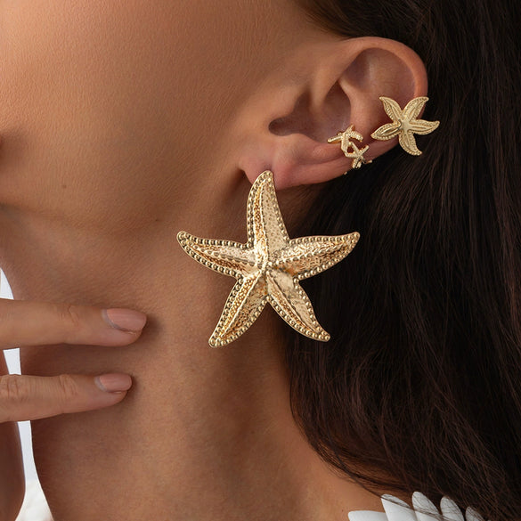Alloy Metal Flower And Star Shape Ear Clip Set With Electroplating Technique