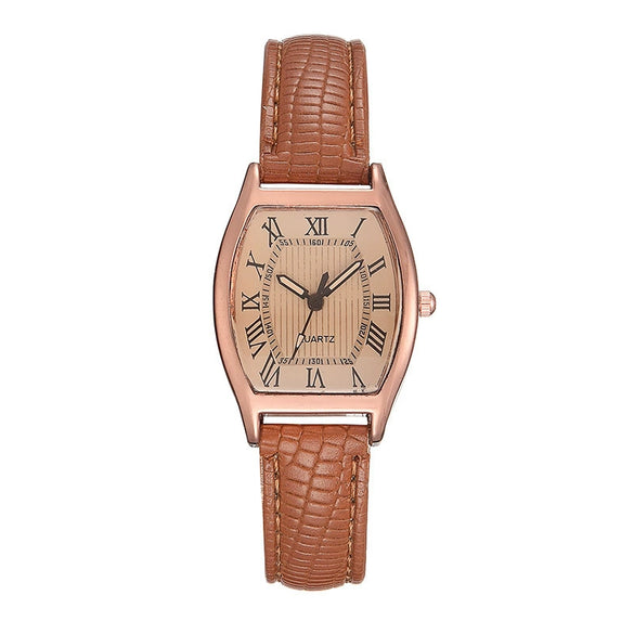 Alloy Mineral Reinforced Mirror Casual Barrel Shape Women's Waterproof Quartz Watch With Imitation Leather Strap