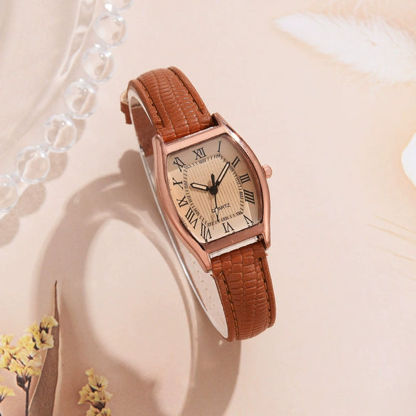 Alloy Mineral Reinforced Mirror Casual Barrel Shape Women's Waterproof Quartz Watch With Imitation Leather Strap