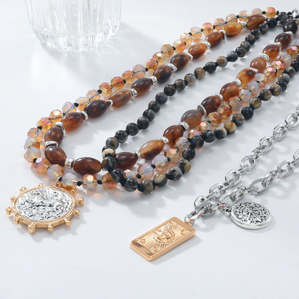 Alloy Multi Layer Beaded Geometric Necklace With Electroplating For Women