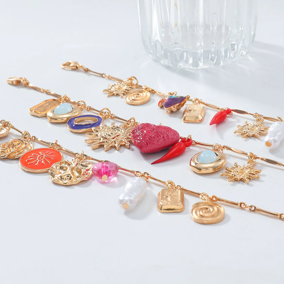 Alloy Multilayer Bracelet With Retro Style Dripping Oil Pattern Love Sunflower Chili Bird Leaf Shapes Set With Diamonds For Women