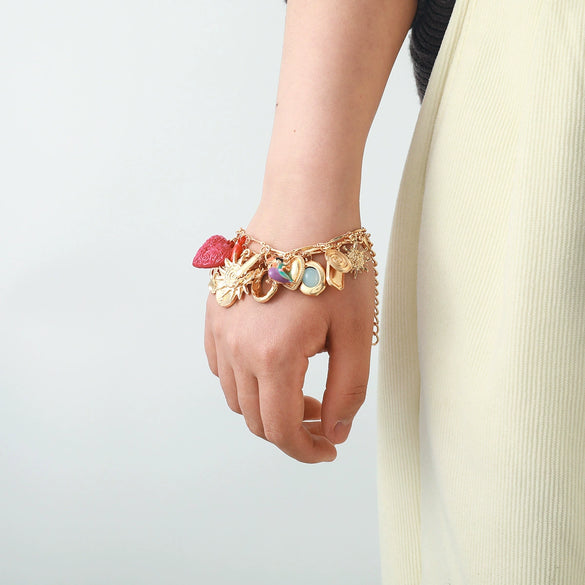 Alloy Multilayer Bracelet With Retro Style Dripping Oil Pattern Love Sunflower Chili Bird Leaf Shapes Set With Diamonds For Women